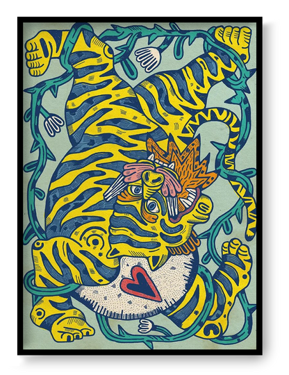 A3 art print “Fiera” by Asis Percales, bold tattoo-inspired illustration with tiger and folk symbolism, expressive contemporary wall art.