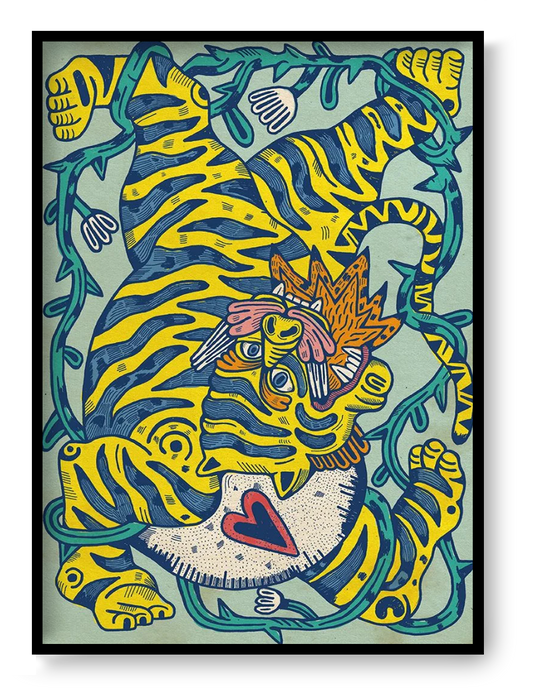 A3 art print “Fiera” by Asis Percales, bold tattoo-inspired illustration with tiger and folk symbolism, expressive contemporary wall art.