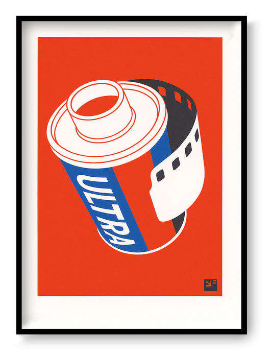 A4 risograph art print “Film Roll” by VrijFormaat, two-color red and blue illustration of a film roll, minimalist graphic wall art.