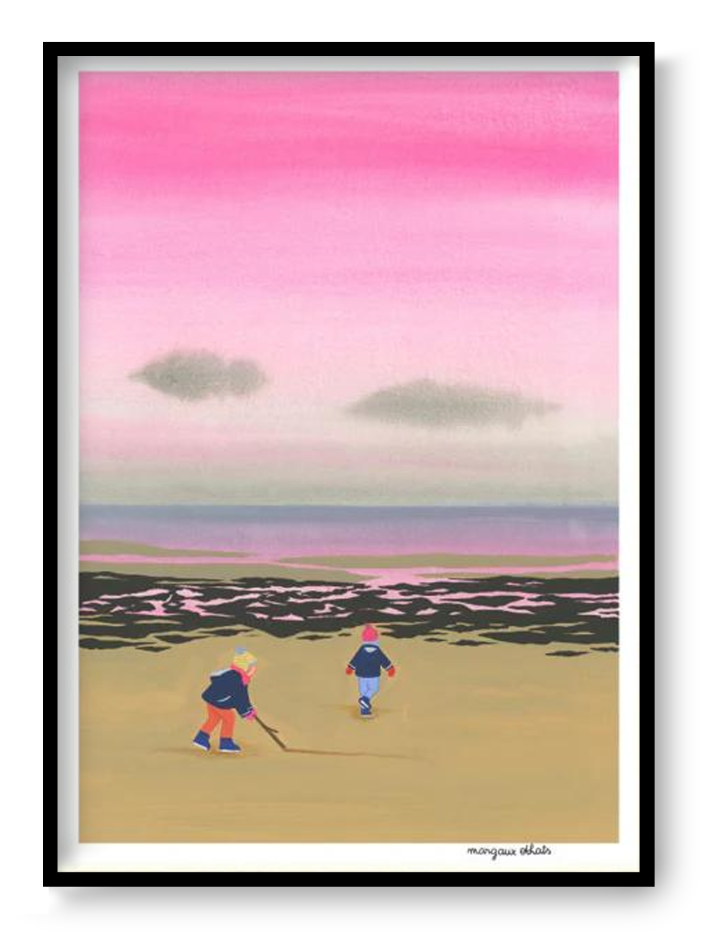 A3 risograph art print “Fin Août” by Margaux Othats, soft illustration of a quiet beach scene at the end of summer, poetic contemporary wall art.