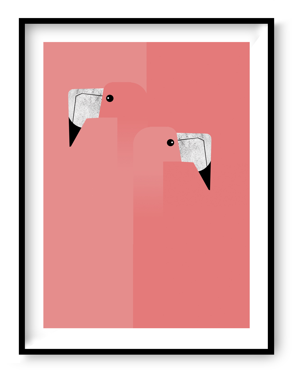 Minimalist illustration of two pink flamingos facing each other, geometric modern wall art print by Studio Frits.
