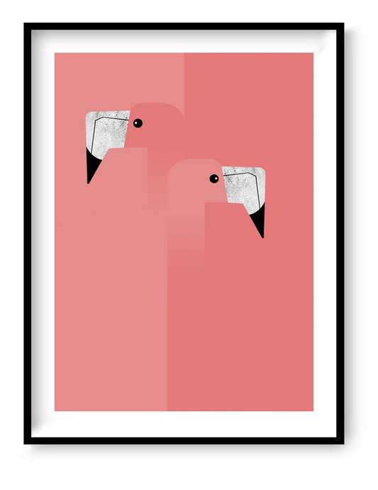 Minimalist illustration of two pink flamingos facing each other, geometric modern wall art print by Studio Frits.