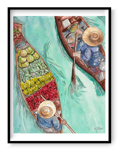Watercolor illustration of boats at a floating market seen from above, fine art travel print by Giu Watercolor.