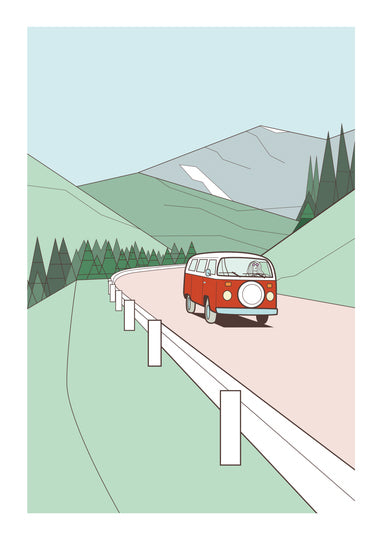 buy illustration with red combi at the mountains by Floor 4 productions