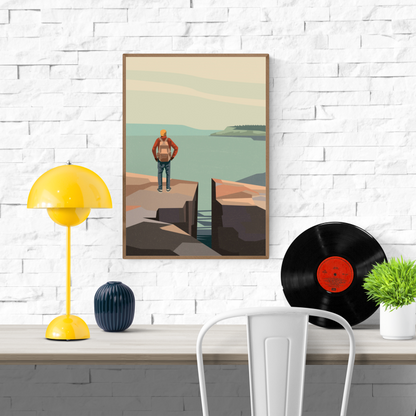 Digital art print “Walk with a View” by Floor 4 Productions, showing a lone hiker with a backpack standing on a rocky cliff, facing the sea and a distant island under pastel skies. Contemporary Belgian illustration.