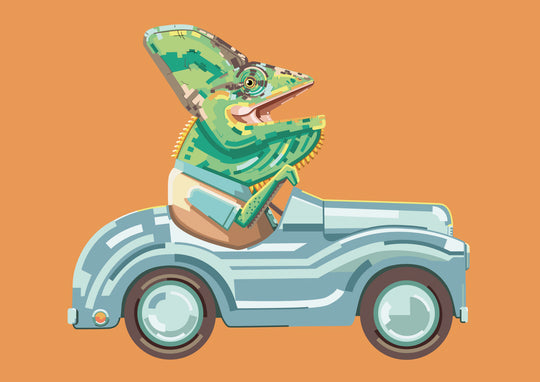 buy illustration of a chameleon driving a car by Floor 4 productions 