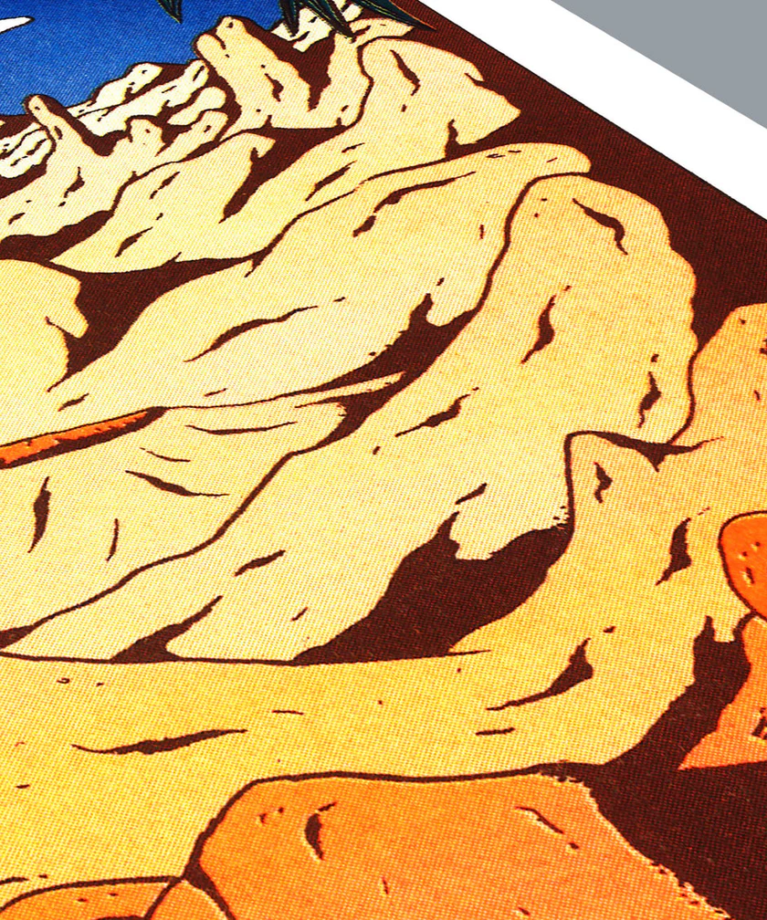 Colorful risograph print Landscape by Dutch illustrator Floor van het Nederend, depicting a surreal orange desert under a bright blue sky and large yellow sun, filled with alien rock formations and graphic details. A vibrant extraterrestrial landscape artwork ideal for collectors of bold and imaginative prints.