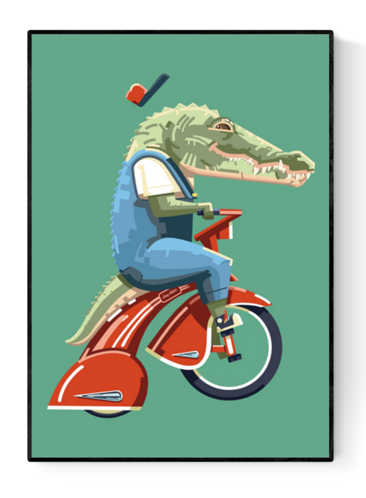 buy crocodile on red bike illustration by Floor 4 productions 