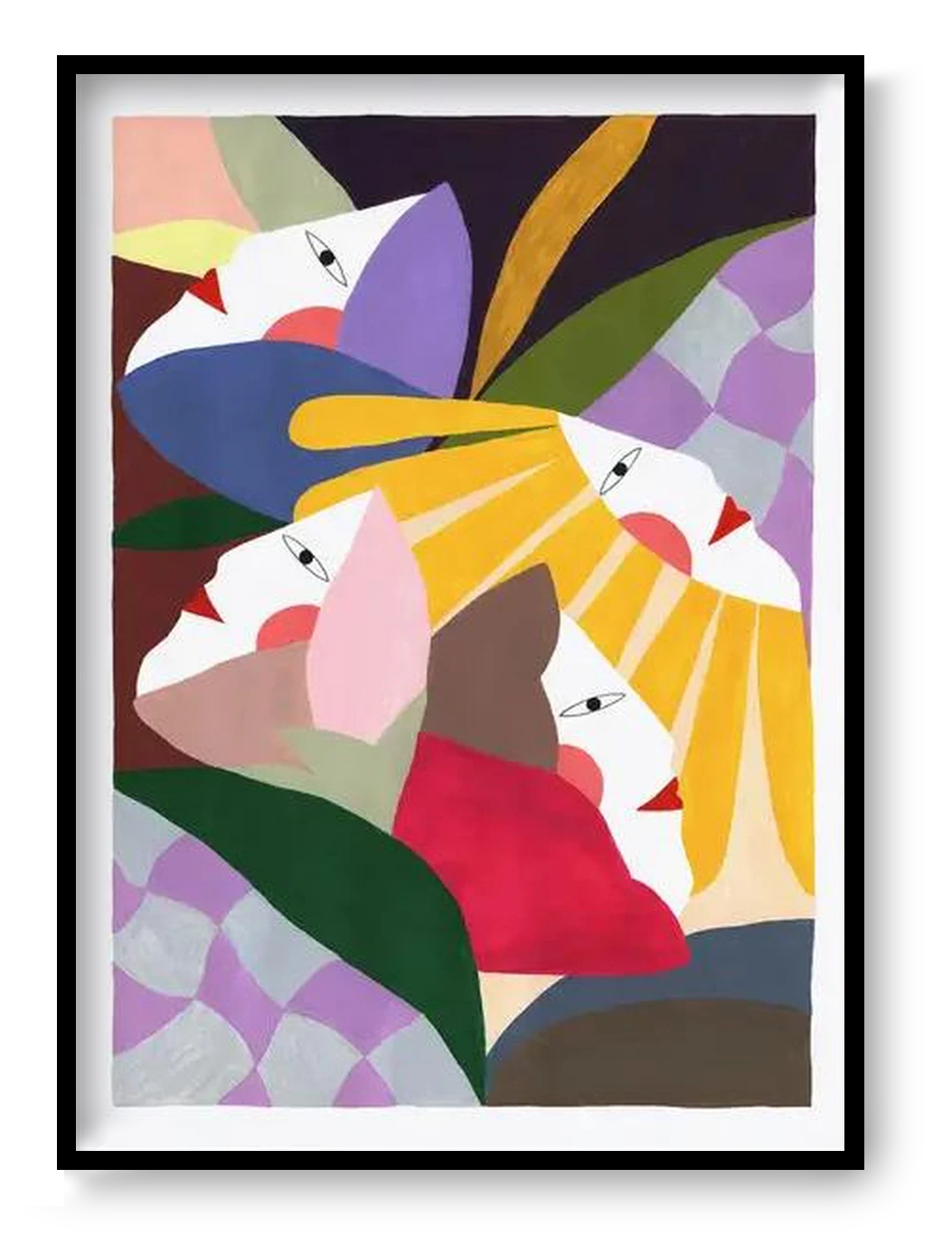 Colorful giclée art print “Flowers & Woman” by Depeapa featuring abstract female figures and layered floral shapes in bold pastel and warm tones.