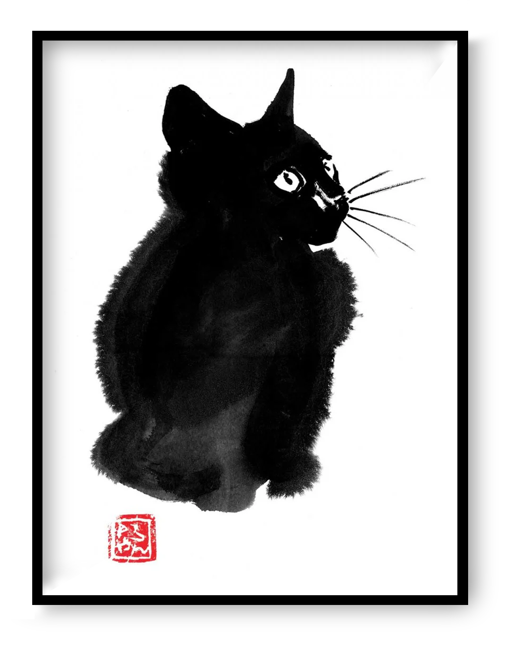 Minimalist black cat art print by Pechane Sumie, inspired by Japanese sumi-e ink painting, featuring bold brushstrokes and strong contrast.