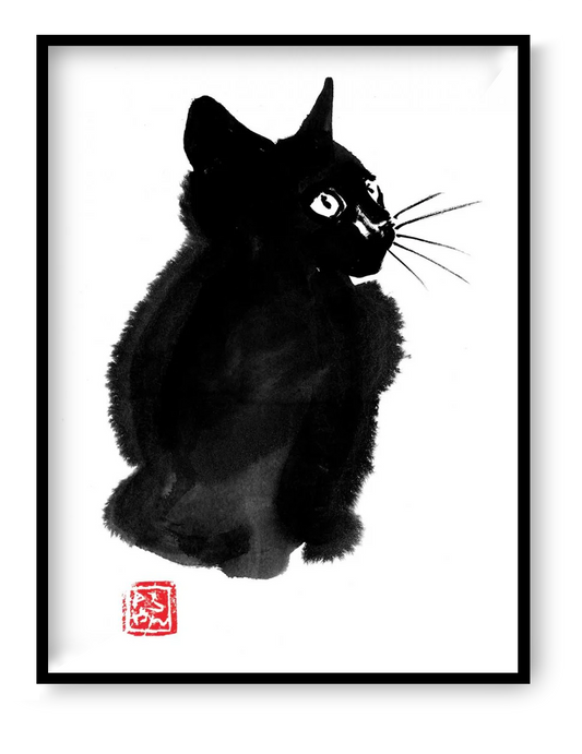 Minimalist black cat art print by Pechane Sumie, inspired by Japanese sumi-e ink painting, featuring bold brushstrokes and strong contrast.