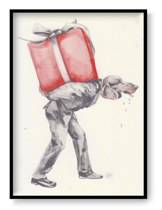 Surreal watercolor art card by Belgian illustrator FAB showing a human body with a dog head carrying a gift, humorous and quirky illustration.