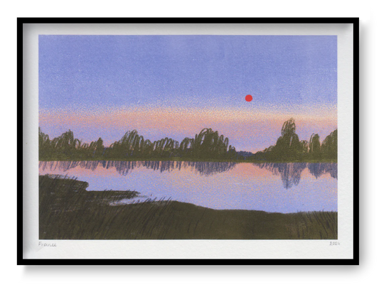 Minimal landscape art print by Belgian illustrator Linde Raats showing a calm sunset with reflections, soft colors, and a red sun over water.