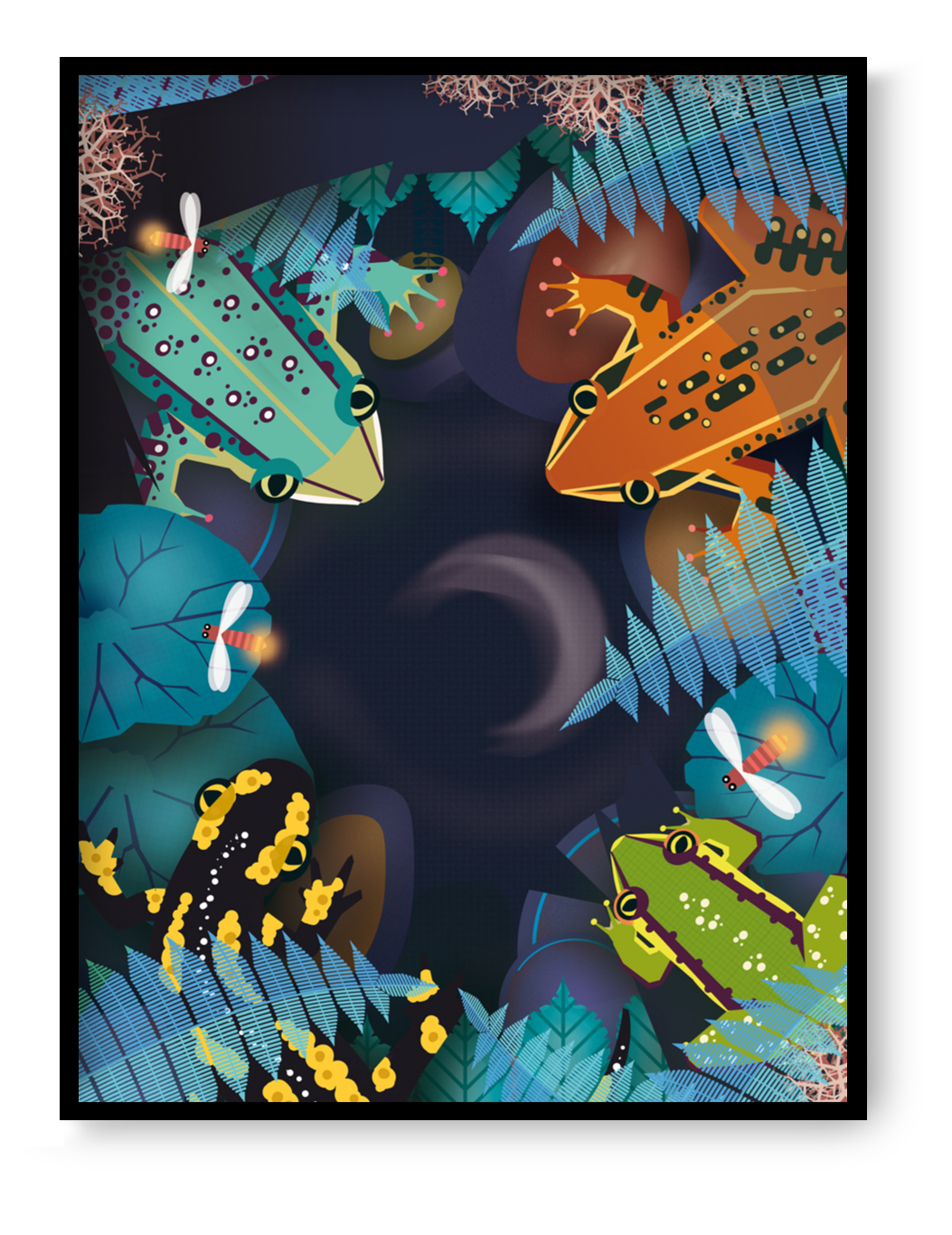 Colorful night illustration featuring frogs and a salamander by Studio Frits, vibrant amphibian jungle art print with glowing details.