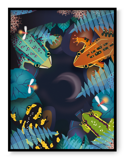 Colorful night illustration featuring frogs and a salamander by Studio Frits, vibrant amphibian jungle art print with glowing details.