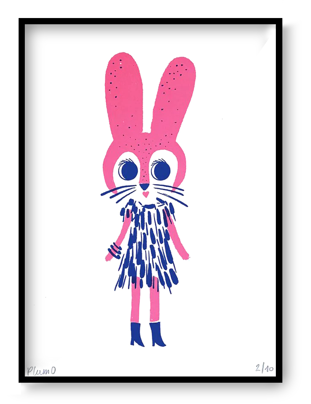 Plumo “Fancy Rabbit” A5 hand-pulled screenprint art print in fuchsia, big-eyed rabbit character in blue patterned dress and boots on white background, limited edition Belgian wall art for kids room or modern interior.