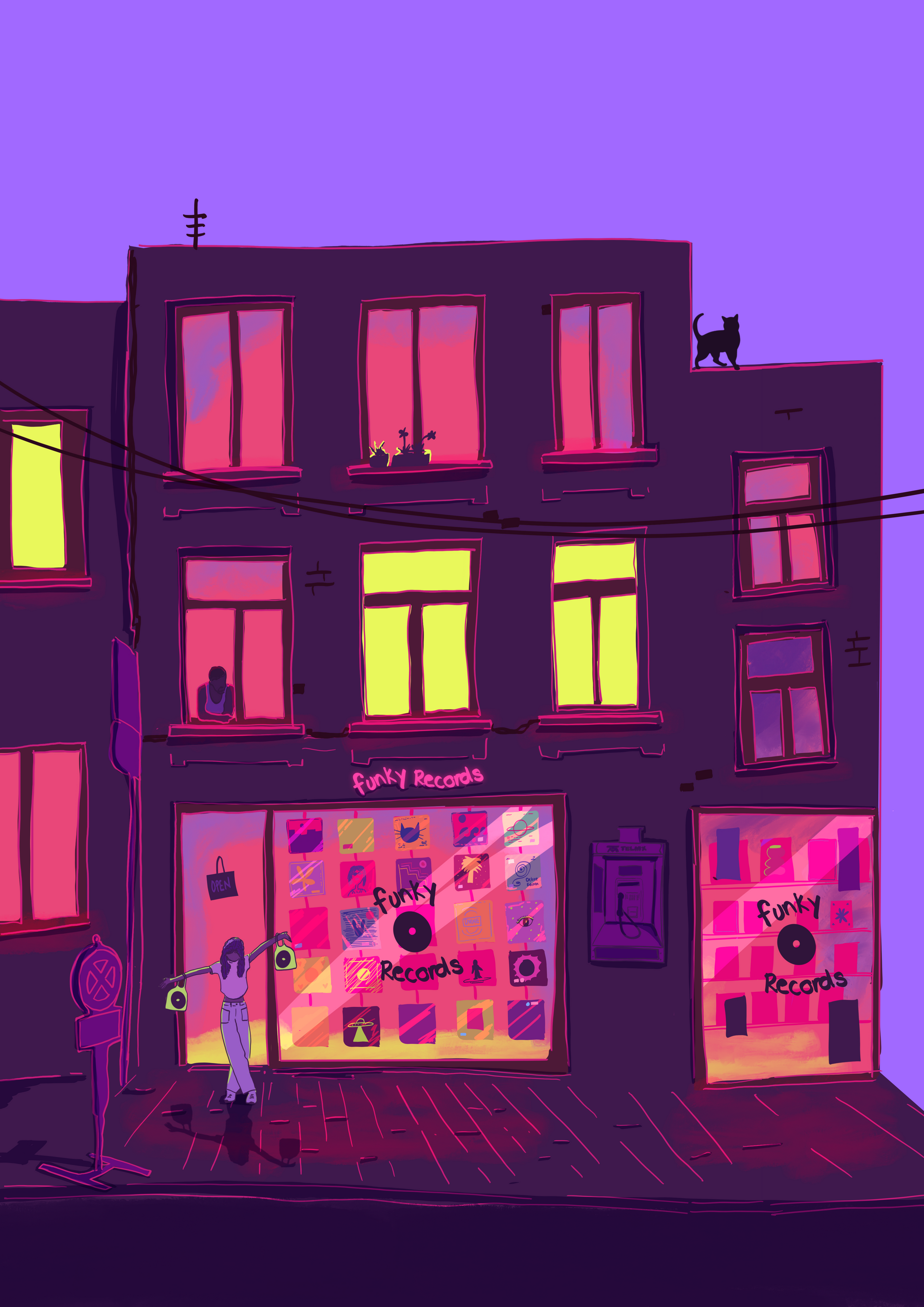 Colourful vertical giclée print of a neon-lit record shop at night, illustrated in purple, pink and yellow tones as bold contemporary wall art for modern interiors.