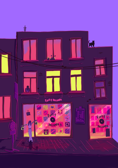 Colourful vertical giclée print of a neon-lit record shop at night, illustrated in purple, pink and yellow tones as bold contemporary wall art for modern interiors.