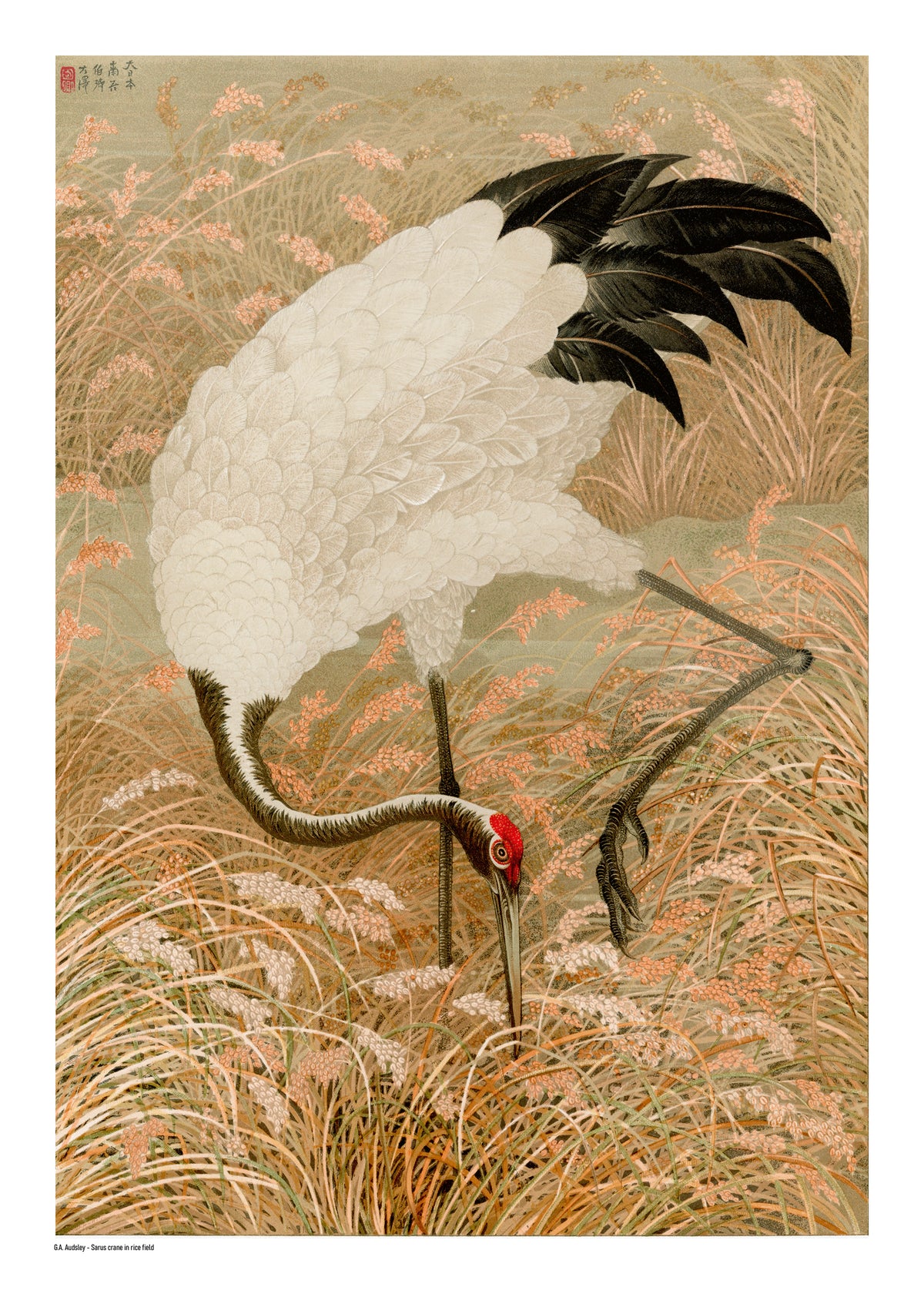 Sarus crane standing among tall rice grasses and flowering plants in muted beige, cream, black and coral tones, Japanese-inspired vertical digital art print for elegant wall decor.