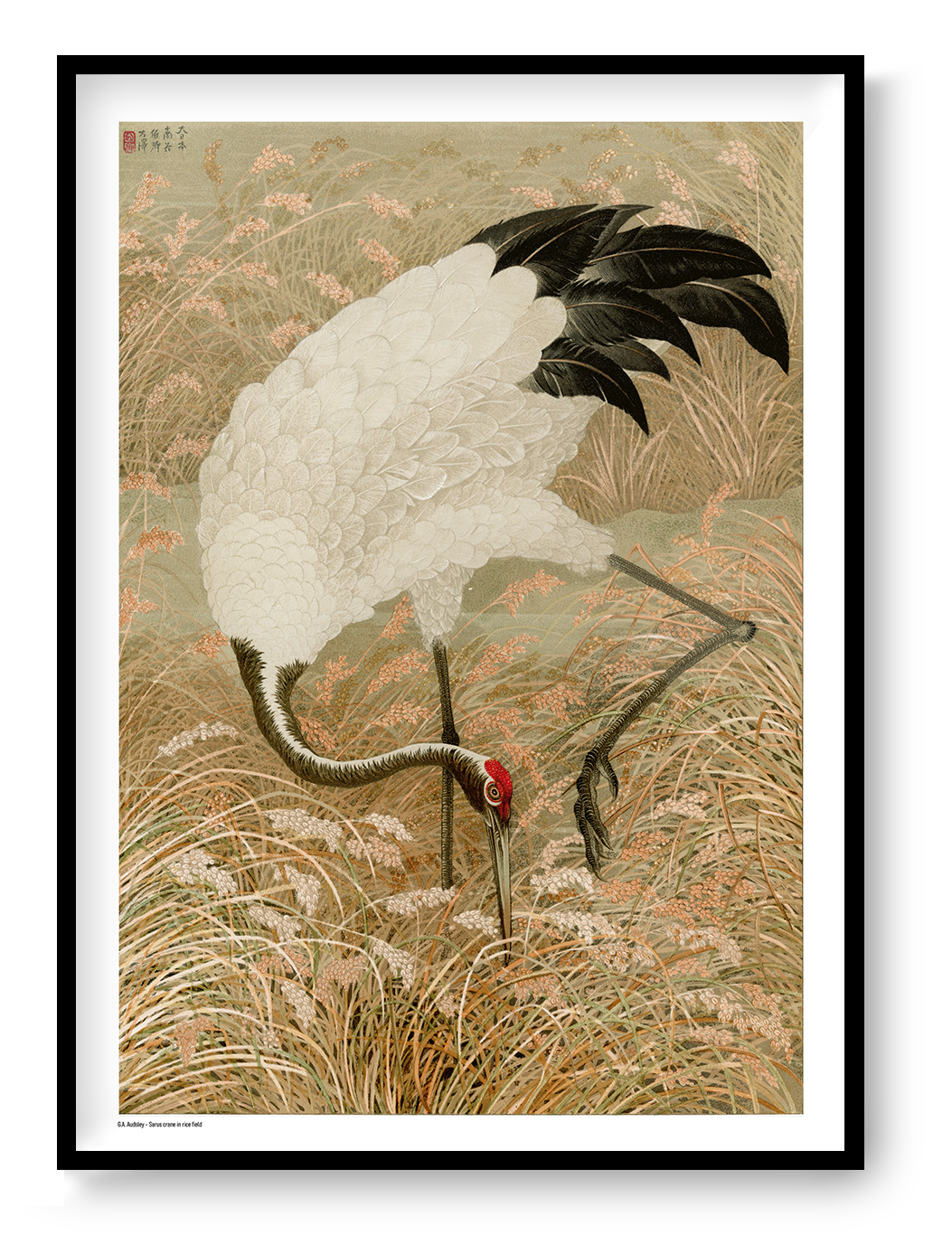 Sarus crane standing among tall rice grasses and flowering plants in muted beige, cream, black and coral tones, Japanese-inspired vertical digital art print for elegant wall decor.