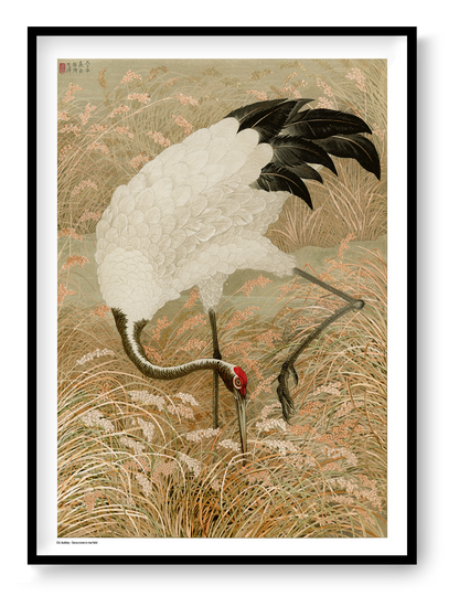 Sarus crane standing among tall rice grasses and flowering plants in muted beige, cream, black and coral tones, Japanese-inspired vertical digital art print for elegant wall decor.