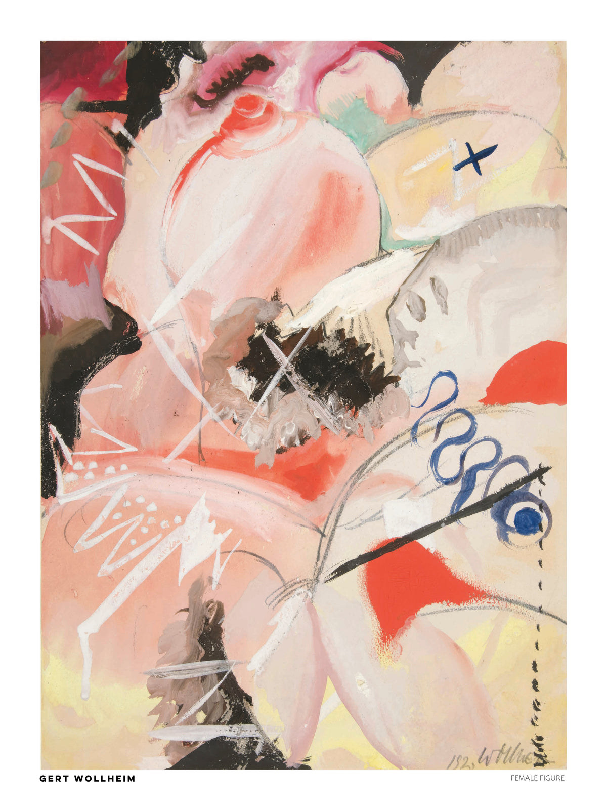 Female Figure by Gert Wollheim, vertical expressionist artwork with an abstract female form, soft pink and peach tones, red accents, black brushstrokes and blue marks. Digital art print for contemporary wall decor.