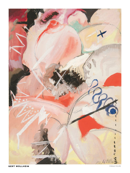 Female Figure by Gert Wollheim, vertical expressionist artwork with an abstract female form, soft pink and peach tones, red accents, black brushstrokes and blue marks. Digital art print for contemporary wall decor.