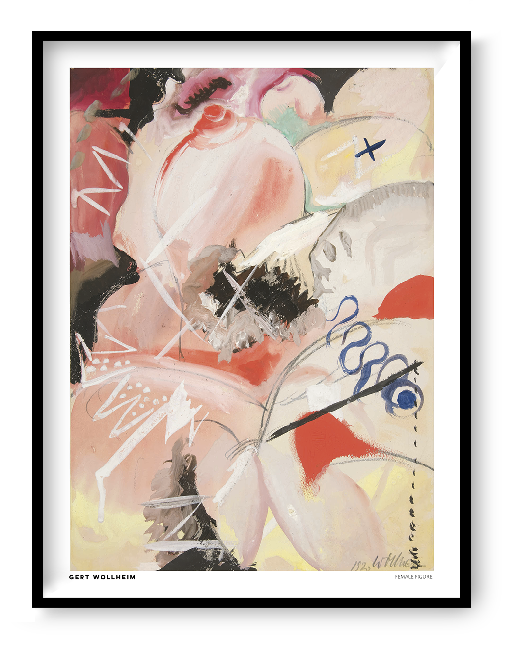 Female Figure by Gert Wollheim, vertical expressionist artwork with an abstract female form, soft pink and peach tones, red accents, black brushstrokes and blue marks. Digital art print for contemporary wall decor.