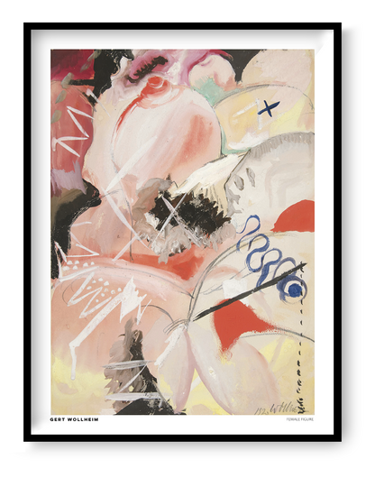 Female Figure by Gert Wollheim, vertical expressionist artwork with an abstract female form, soft pink and peach tones, red accents, black brushstrokes and blue marks. Digital art print for contemporary wall decor.