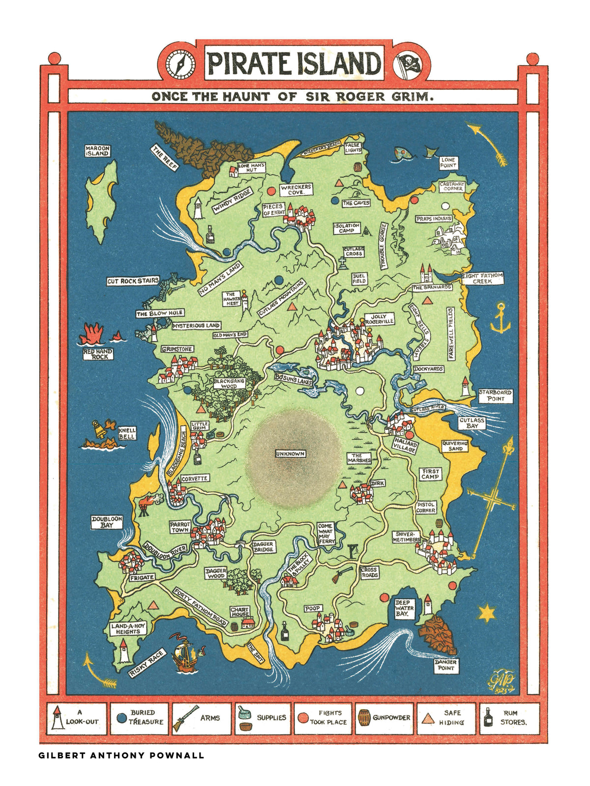 Vintage illustrated Pirate Island map by Gilbert Anthony Pownall, featuring a green island surrounded by blue sea, red borders, hidden treasures, pirate ships and playful landmarks. Vertical digital art print for nostalgic wall decor.