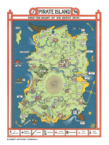 Vintage illustrated Pirate Island map by Gilbert Anthony Pownall, featuring a green island surrounded by blue sea, red borders, hidden treasures, pirate ships and playful landmarks. Vertical digital art print for nostalgic wall decor.
