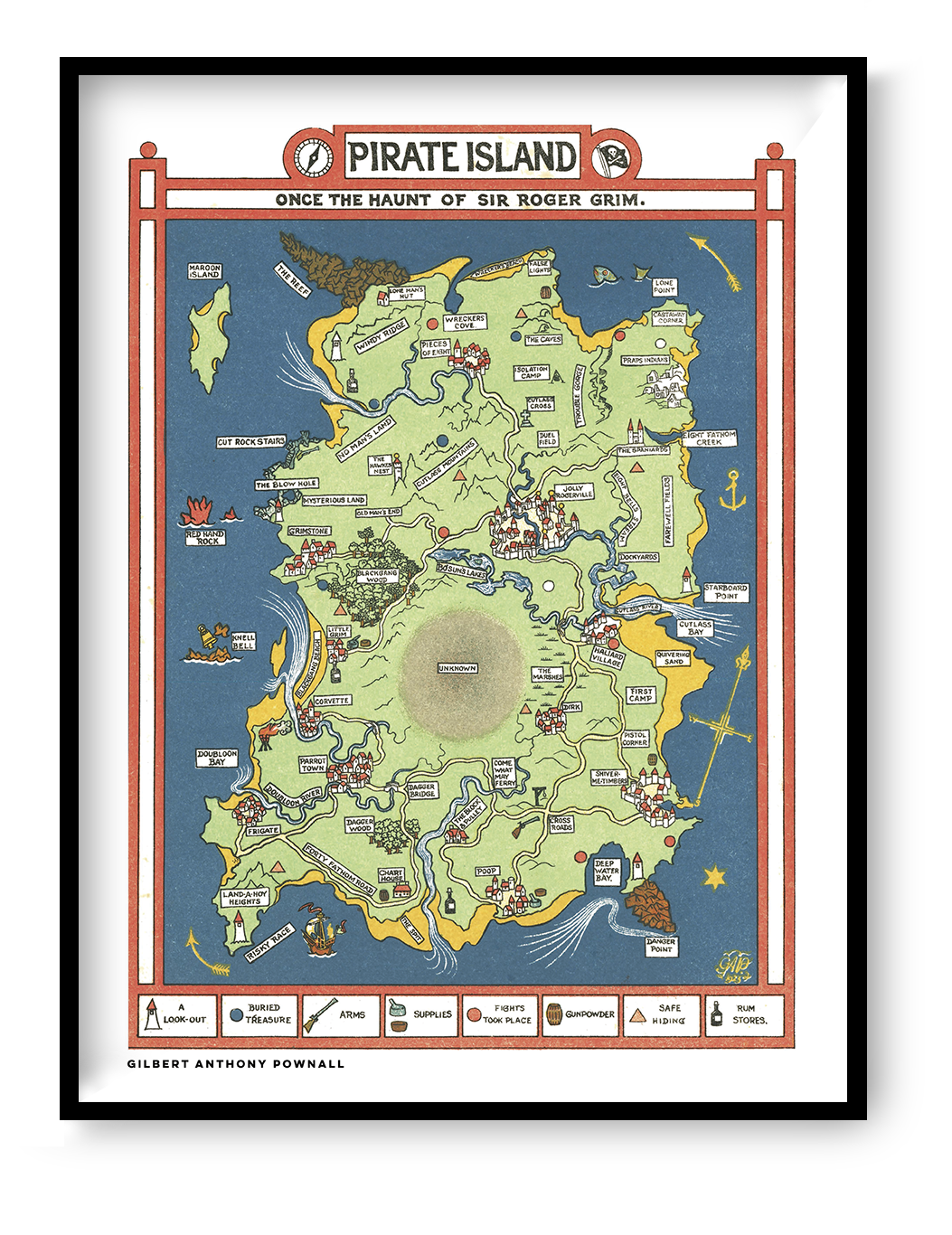 Vintage illustrated Pirate Island map by Gilbert Anthony Pownall, featuring a green island surrounded by blue sea, red borders, hidden treasures, pirate ships and playful landmarks. Vertical digital art print for nostalgic wall decor.