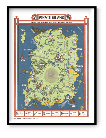 Vintage illustrated Pirate Island map by Gilbert Anthony Pownall, featuring a green island surrounded by blue sea, red borders, hidden treasures, pirate ships and playful landmarks. Vertical digital art print for nostalgic wall decor.