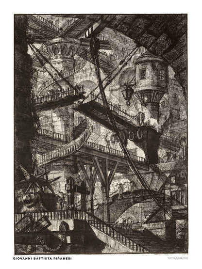 The Drawbridge by Giovanni Battista Piranesi, black and white architectural etching showing overlapping bridges, staircases and vaulted stone structures. Vertical digital art print for classic or industrial wall decor.