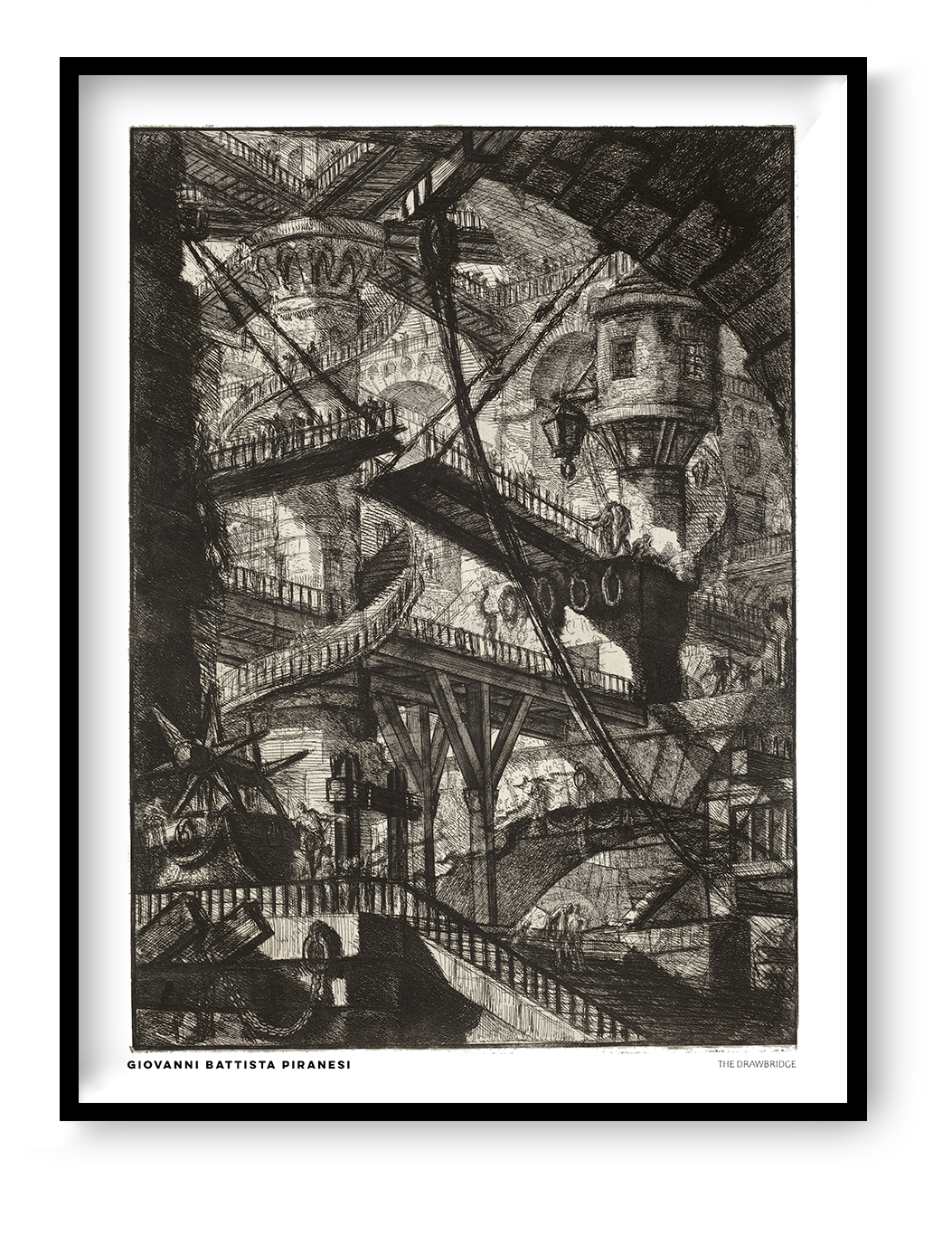 The Drawbridge by Giovanni Battista Piranesi, black and white architectural etching showing overlapping bridges, staircases and vaulted stone structures. Vertical digital art print for classic or industrial wall decor.