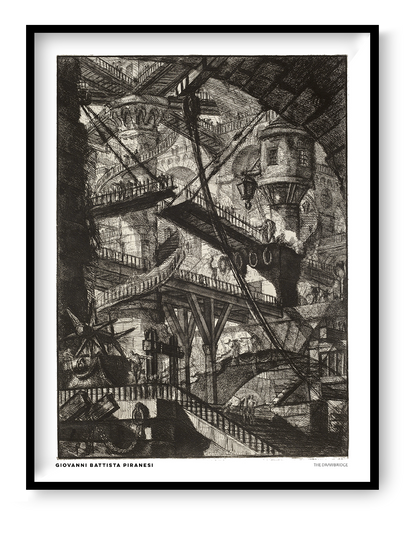 The Drawbridge by Giovanni Battista Piranesi, black and white architectural etching showing overlapping bridges, staircases and vaulted stone structures. Vertical digital art print for classic or industrial wall decor.