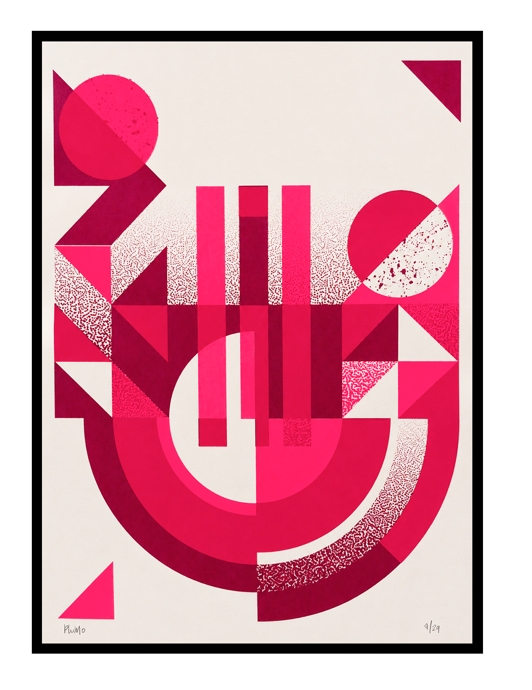 Geometric abstract handmade screenprint in bright pink and burgundy tones by PLUMO featuring circles, arches, triangles, and vertical shapes in a modern Bauhaus-inspired composition on white background.