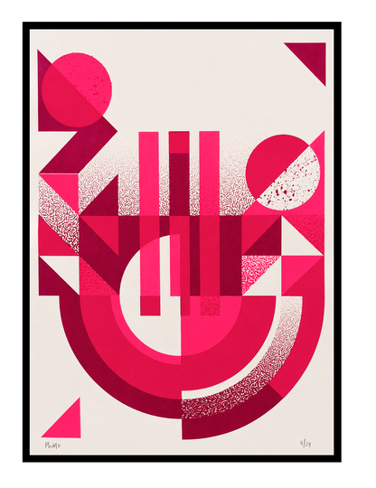 Geometric abstract handmade screenprint in bright pink and burgundy tones by PLUMO featuring circles, arches, triangles, and vertical shapes in a modern Bauhaus-inspired composition on white background.