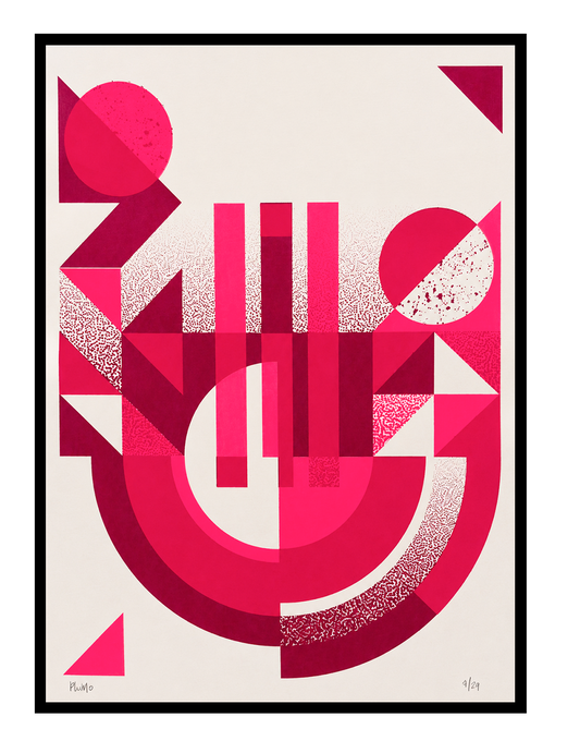 Geometric abstract handmade screenprint in bright pink and burgundy tones by PLUMO featuring circles, arches, triangles, and vertical shapes in a modern Bauhaus-inspired composition on white background.