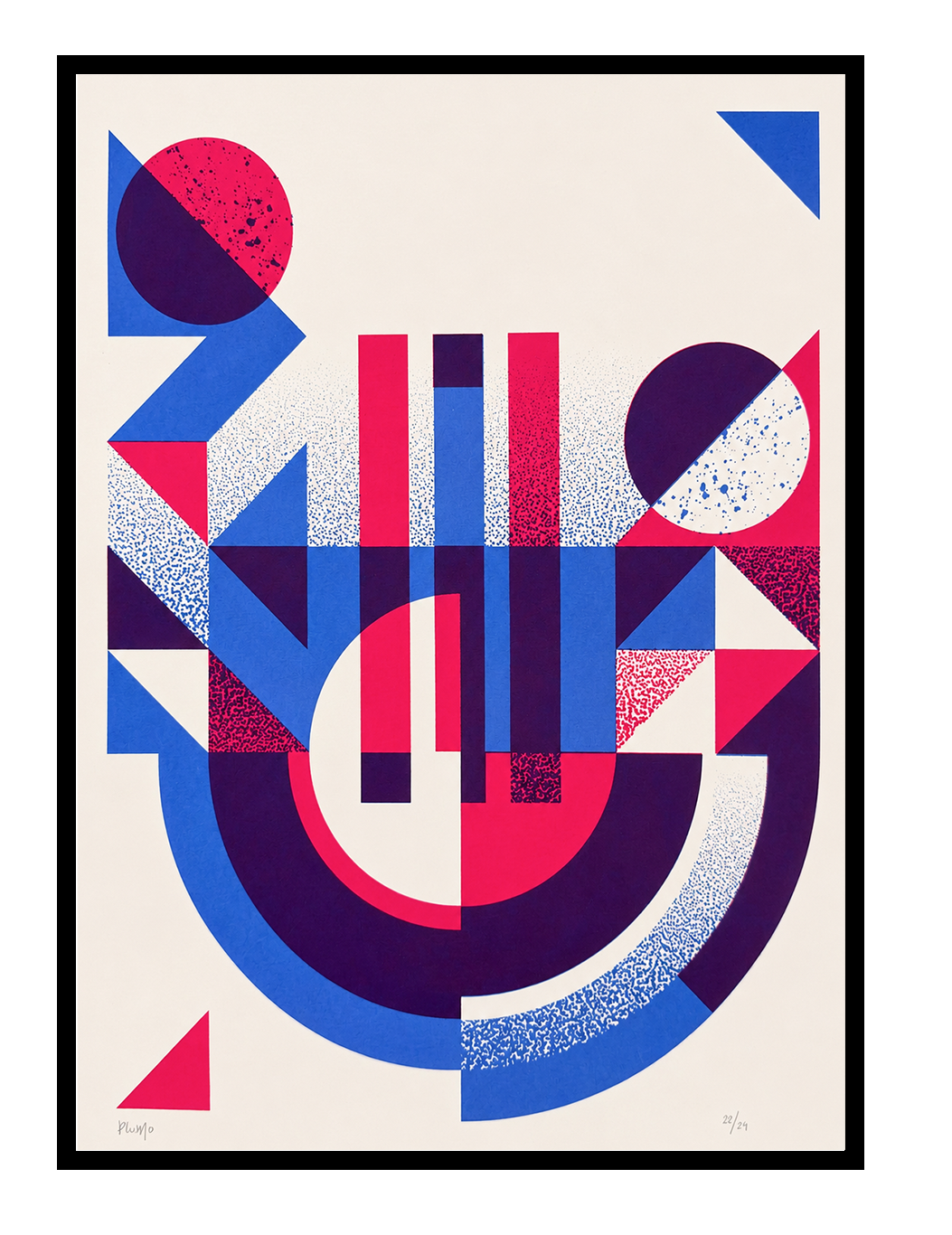 Geometric abstract handmade screenprint by PLUMO featuring bold blue, pink, and purple shapes with circles, triangles, and textured graphic elements on a clean white background, modern contemporary wall art in A3 size.