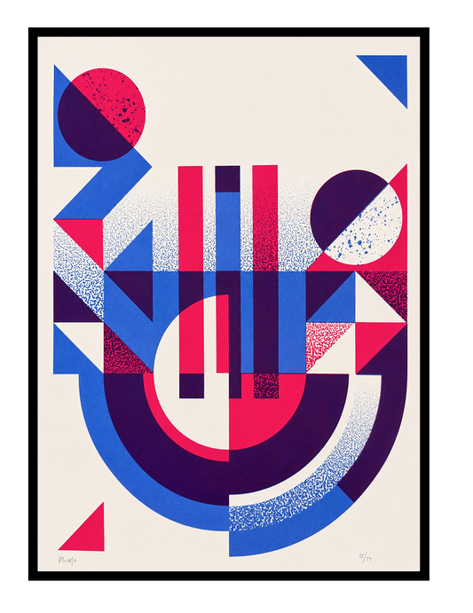 Geometric abstract handmade screenprint by PLUMO featuring bold blue, pink, and purple shapes with circles, triangles, and textured graphic elements on a clean white background, modern contemporary wall art in A3 size.