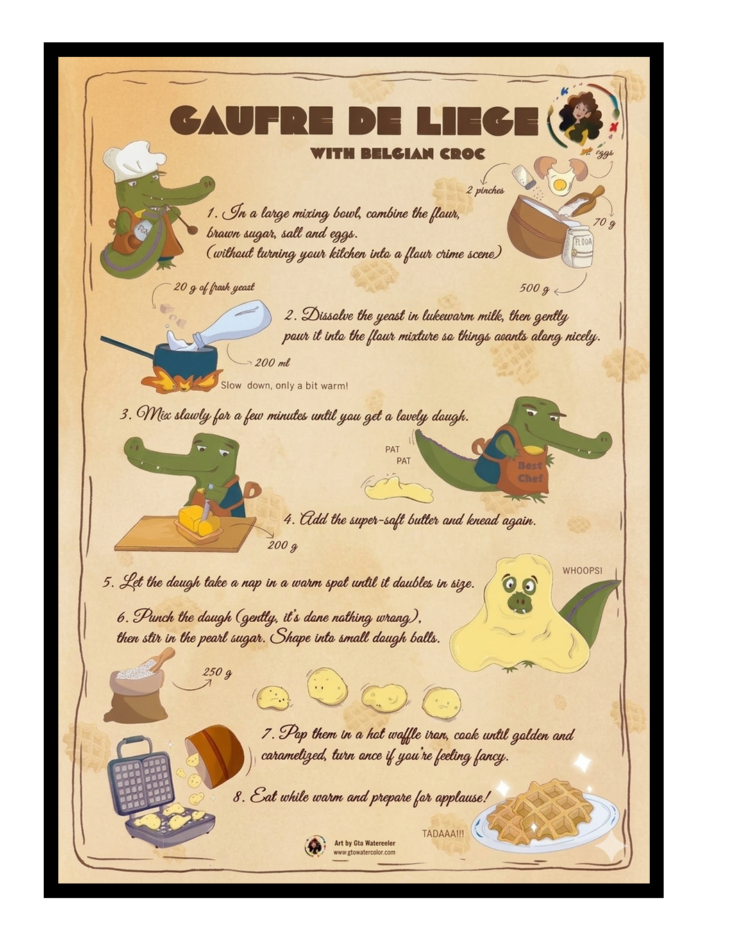 Illustrated recipe poster for Liège waffles by Giu Watercolor featuring playful characters and step-by-step waffle recipe in a whimsical kitchen illustration style.