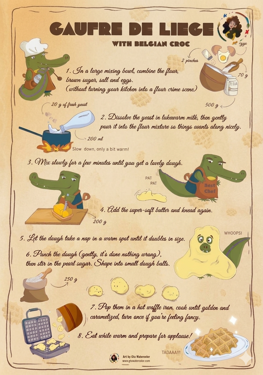 Illustrated recipe poster for Liège waffles by Giu Watercolor featuring playful characters and step-by-step waffle recipe in a whimsical kitchen illustration style.