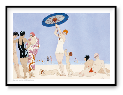 Horizontal Art Deco beach illustration by George Barbier showing stylish swimmers in black, pink, red, and cream against a pale blue sea, printed as decorative A4 wall art.