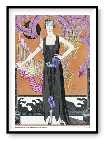 La Belle Dame sans Merci by George Barbier, a vertical Art Deco fashion illustration of a woman in a black evening dress surrounded by a colourful bird, purple feathers and warm orange tones, ideal as elegant wall decor.