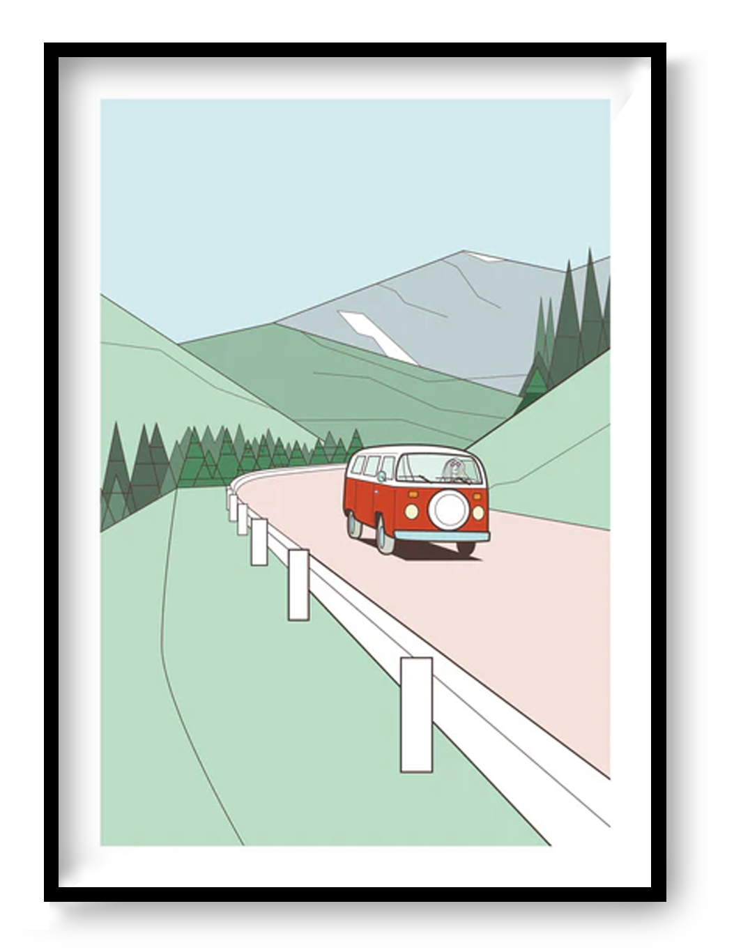 Get In The Van art print by Floor 4 Productions showing a red van driving through green hills in a minimalist travel illustration style.