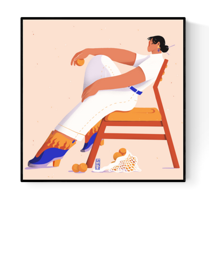 Illustration of a seated character with a relaxed pose and fiery boots titled "Shoe Gaze" by Gheleyne Bastiaen. A 30x30 cm modern art print with bold colors and fashion-inspired style, printed in Belgium.