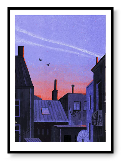 Ghent art print by Linde Raats showing quiet city rooftops at dusk with soft purple and warm sky colors, minimalist urban illustration.