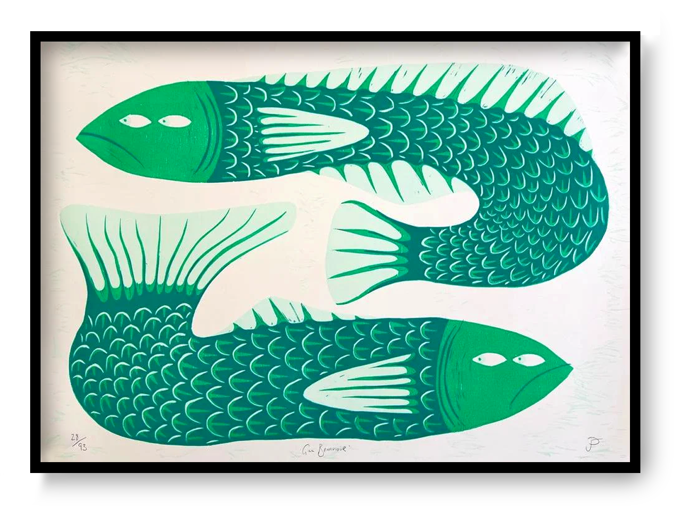 Gill Behaviour woodcut print by Strangford showing two green fish in a bold handmade animal illustration style, printed in a limited edition.