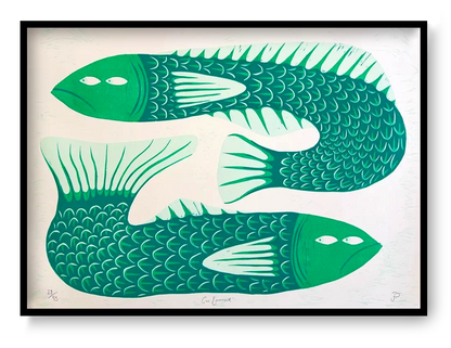 Gill Behaviour woodcut print by Strangford showing two green fish in a bold handmade animal illustration style, printed in a limited edition.